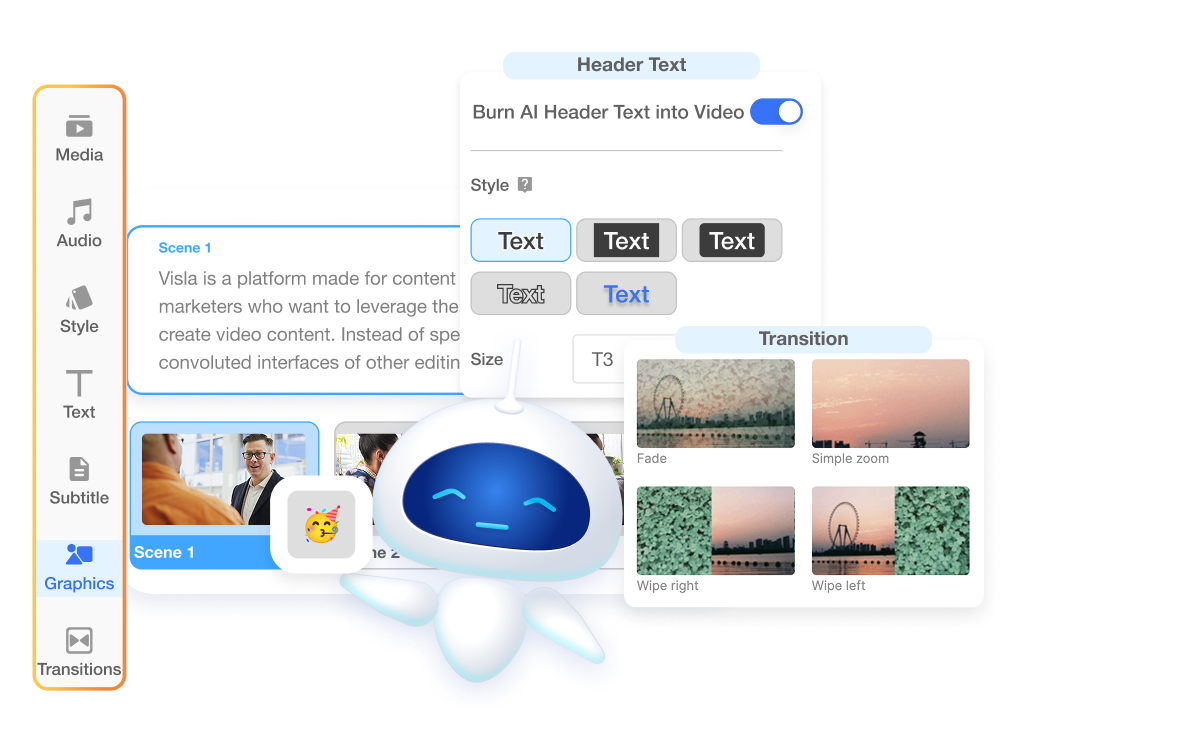 Edit clips, text, audio, and effects with flexible tools in Visla’s automatic video editor.